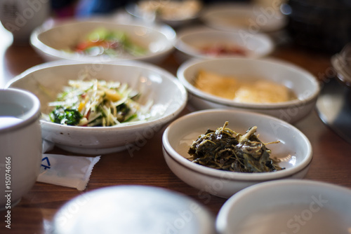 Korean banchan at a cozy restaurant
