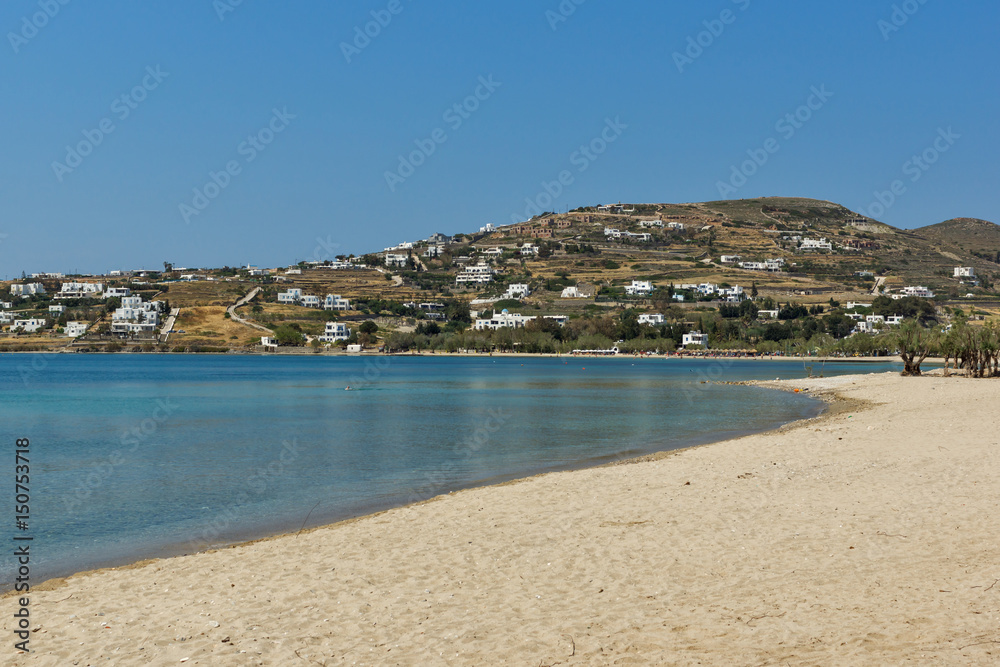 Amazing panorama of beach in town of Naoussa, Paros island, Cyclades, Greece