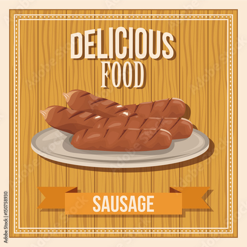 delicious food. sausages fast food. poster wooden background vector illustration