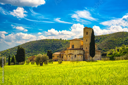 Sant Antimo Montalcino church and wheat field. Orcia, Tuscany, Italy