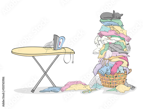 Iron and ironing board with Tall Pile of Laundry  in Basket with Cat and Critters
