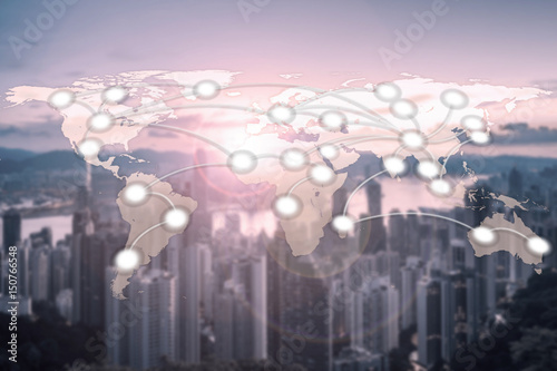 World Global Network Cartography Globalization with Hong Kong city blurred background  Elements of this image furnished by NASA 