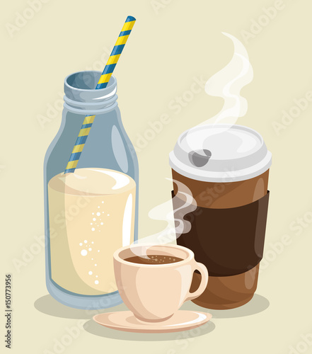 A bottle of milk with straw and cups of hot coffee over beige background. Vector illuistration.
