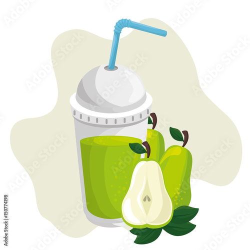 A cup of pear juice with straw icon over green and white background. Vector illustration.
