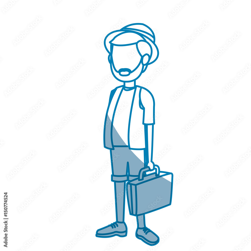 outlined man traveler toruism vacation suitcase hat vector illustration outlined man traveler toruism vacation suitcase hat vector illustration