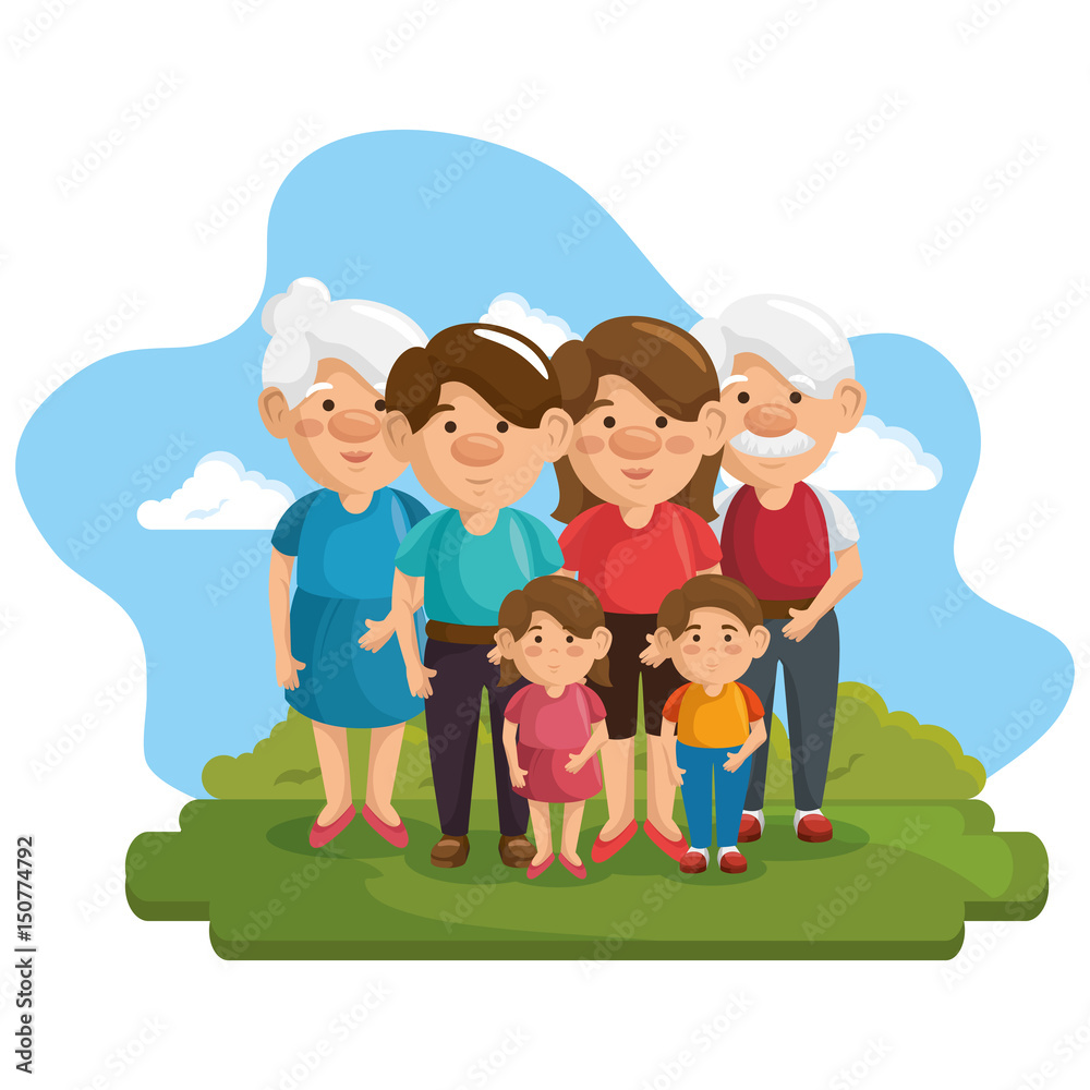 Happy family at park with green bushes and blue sky over white background. Vector illustration.