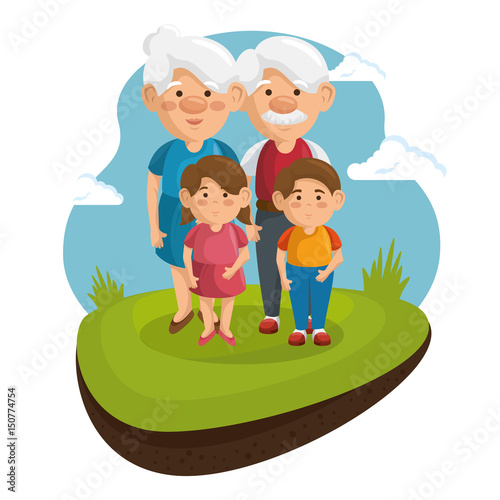 Grandparents and grandchildren at park with green grass and blue sky over white background. Vector illustration.