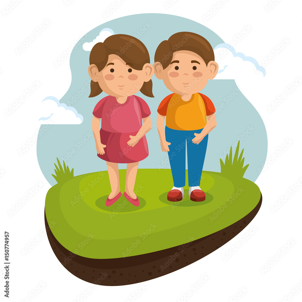 Two kids at the park with green grass and blue sky over white background. Vector illustration. Two kids at the park with green grass and blue sky over white background. Vector illustration.