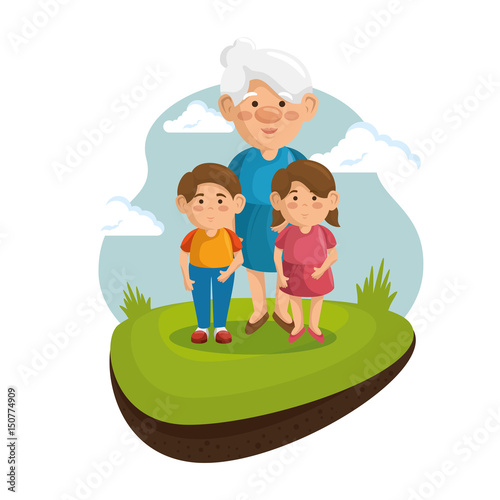 Grandma and grandchildren at the park with green grass and blue sky over white background.