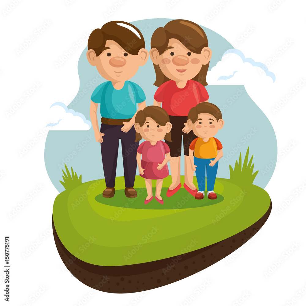 Happy family at park with green grass and blue sky over white background. Vector illustration.