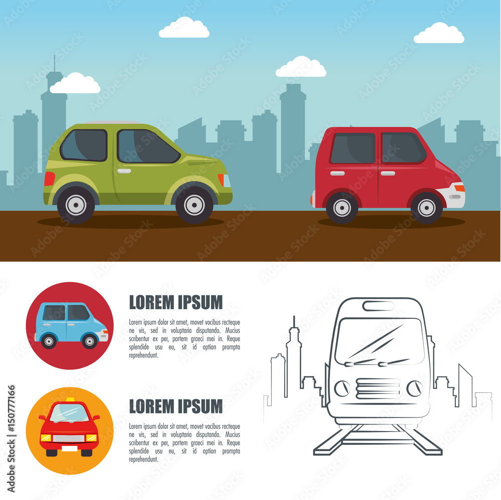 Means of transport infographic with cars, daytime city skyline and hand-drawn railway. Vector illustration. Means of transport infographic with cars, daytime city skyline and hand-drawn railway. Vector illustration.