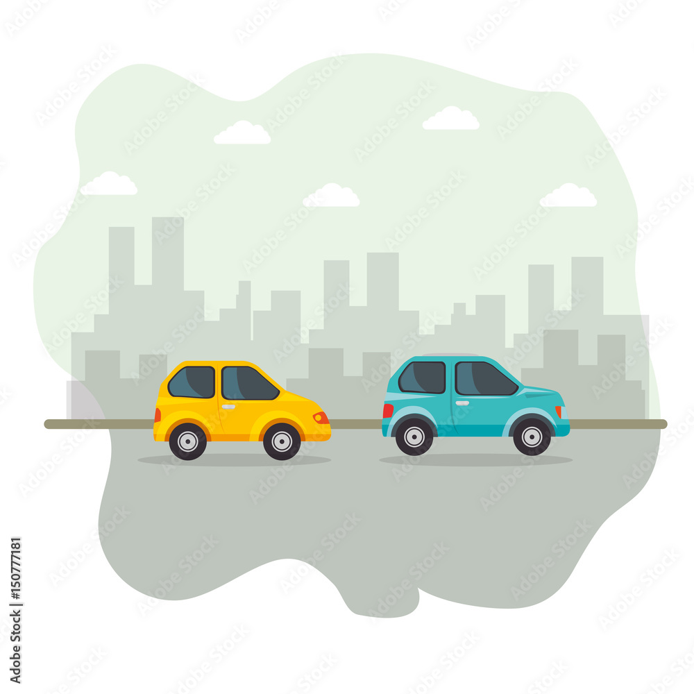 Yellow and blue vehicles with city skyline icon over white background. Vector illustration.