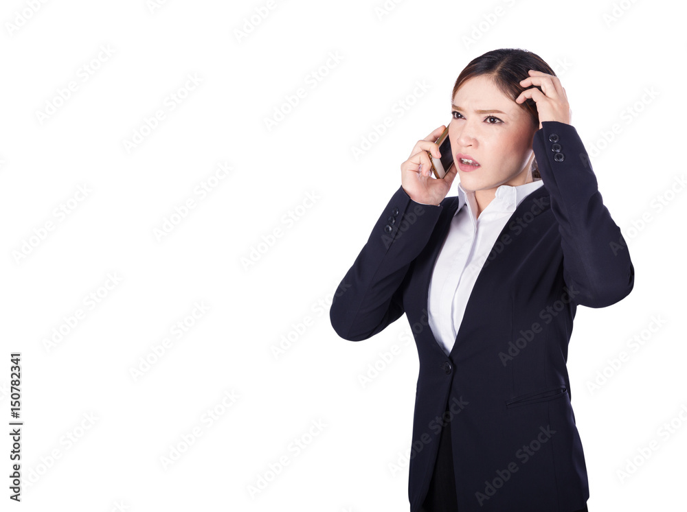 worried business woman talking on smartphone isolated on white worried business woman talking on smartphone isolated on white