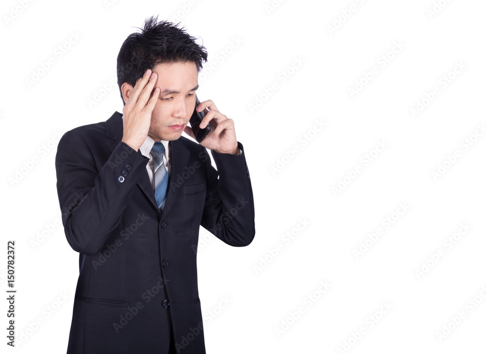 worried businessman talking on smartphone isolated on white worried businessman talking on smartphone isolated on white