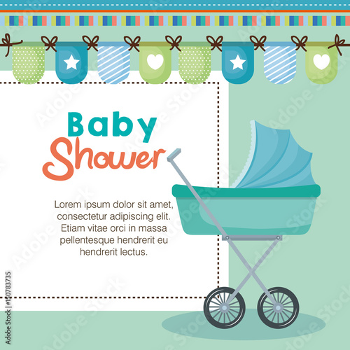 Baby shower card with teal baby stroller and decorative banner over teal background. Vector illustration.