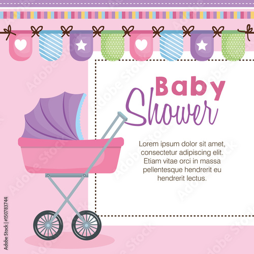 Baby shower card with purple and pink baby stroller and decorative banner over pink background. Vector illustration.