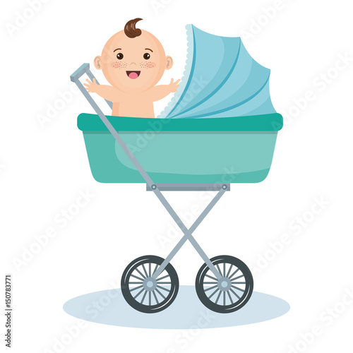 Cute baby boy in teal stroller over white background. Vector illustration.