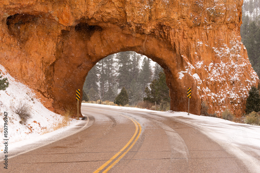 Utah Highway 12 Tunnel Through Red Canyon Winter Snow Utah Highway 12 Tunnel Through Red Canyon Winter Snow