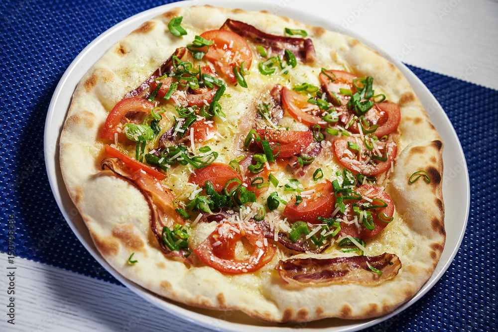 Pizza With Bacon, Tomato and Pepper