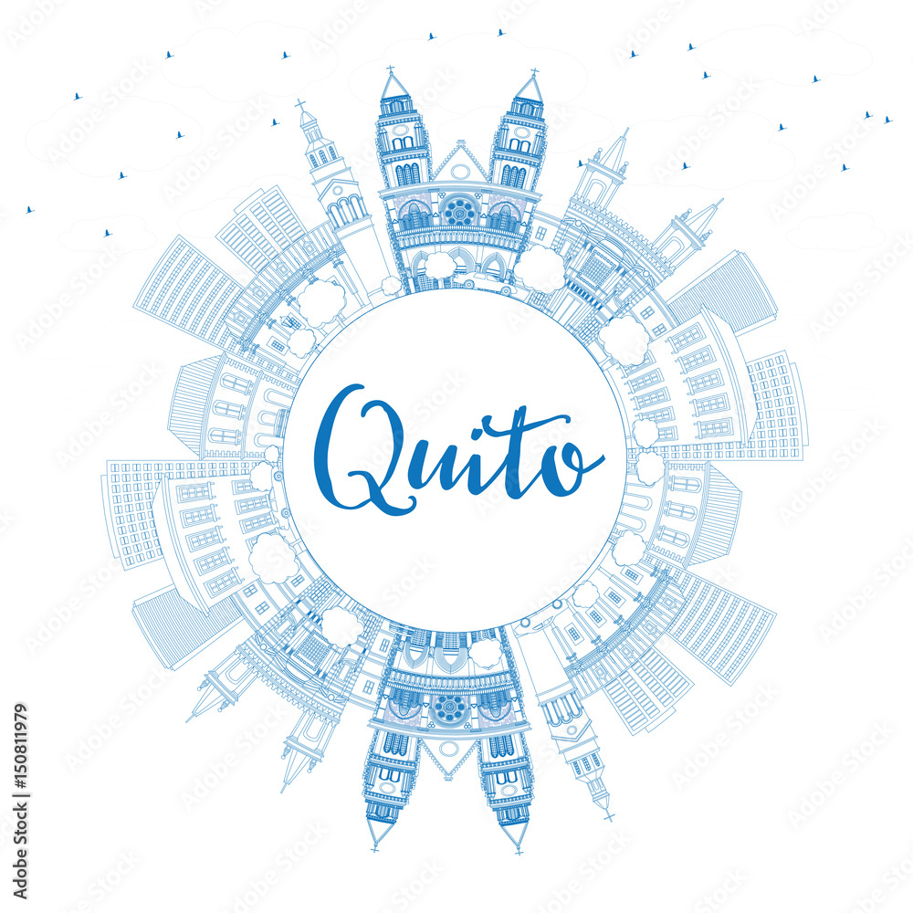 Outline Quito Skyline with Blue Buildings and Copy Space.