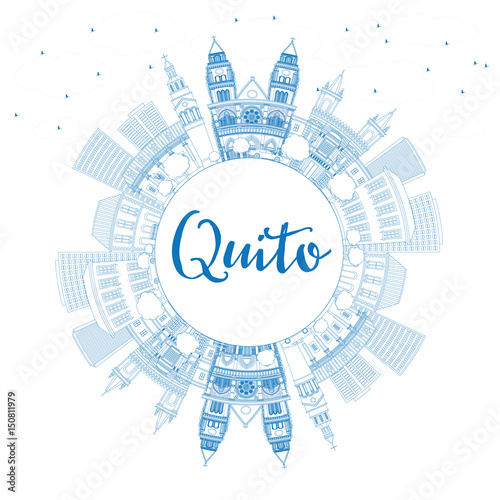 Outline Quito Skyline with Blue Buildings and Copy Space.