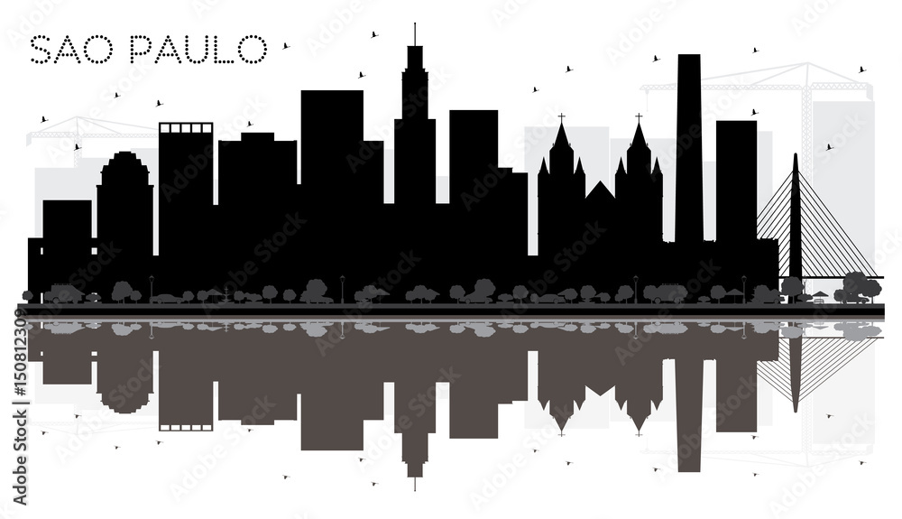Sao Paulo City skyline black and white silhouette with reflections.
