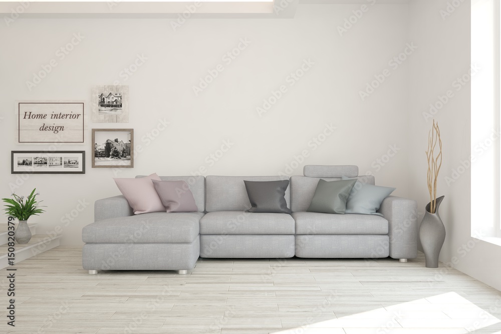 Fototapeta premium White modern room with sofa. Scandinavian interior design. 3D illustration