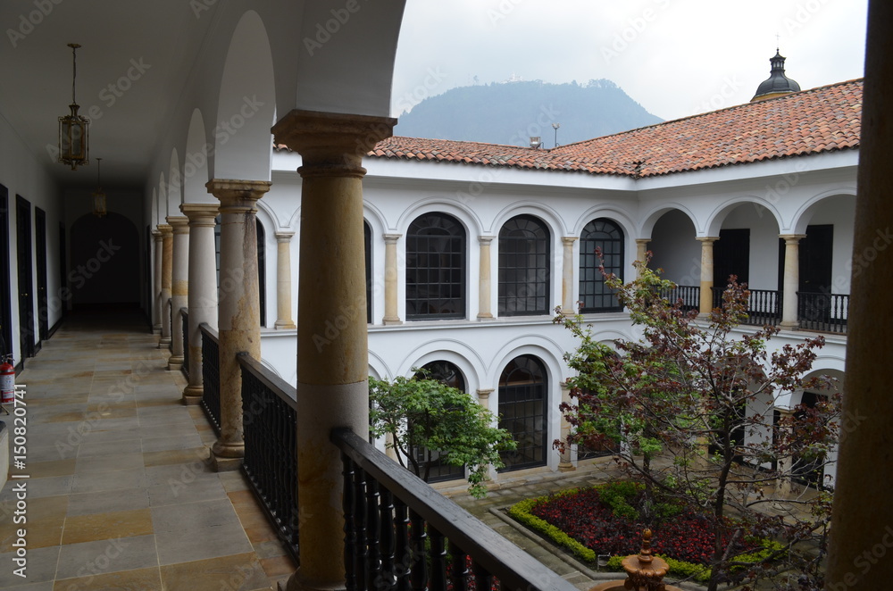 The courtyards of the Donacion Botero museum in La Candelaria, Bogota with view up to Montserrate