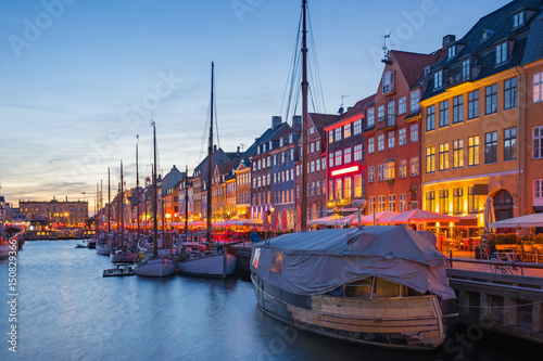 Nyhavn Canal at night in Copenhagen city, Denmark
