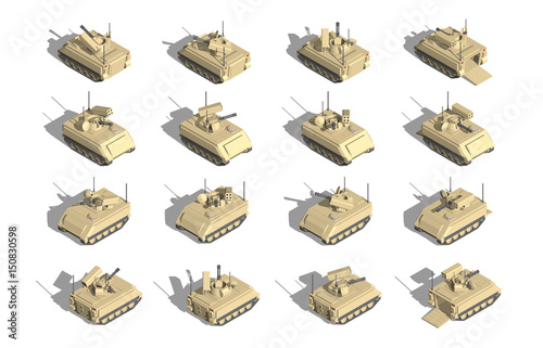 Military Transportation isometric vector. armored personnel carrier with anti aircraft turret.