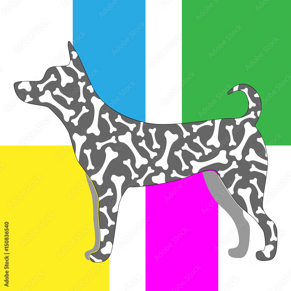 Obraz premium Silhouette of a dog in the style of pop art in pink, blue, yellow and green and with traces of paws and bones on the trunk