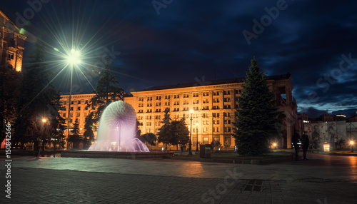 Maydan Nezalezhnost. Independence Square. Fountain on Khreshchatyk. Nighttime Kiev.