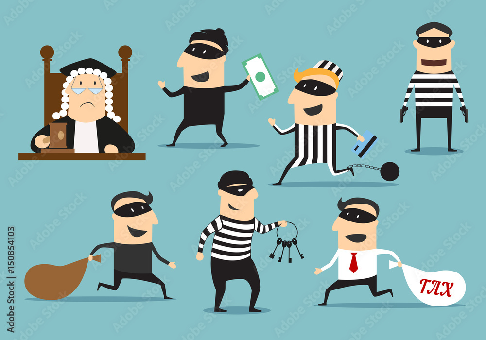 Thief robber and judge, vector crime or punishment Thief robber and judge, vector crime or punishment