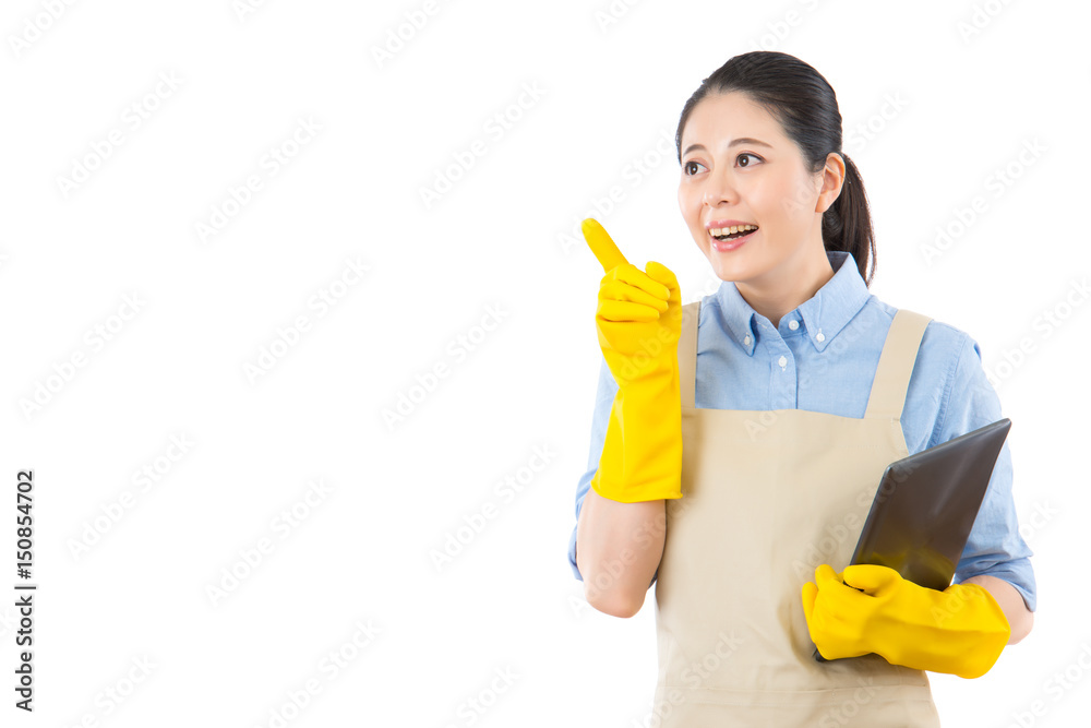 Thinking clean woman looking away smiling Thinking clean woman looking away smiling