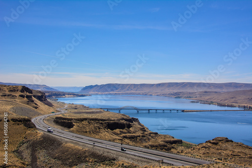 View of the highway running along the Columbia River from the viewpoint Wild Horse Monument, Washington