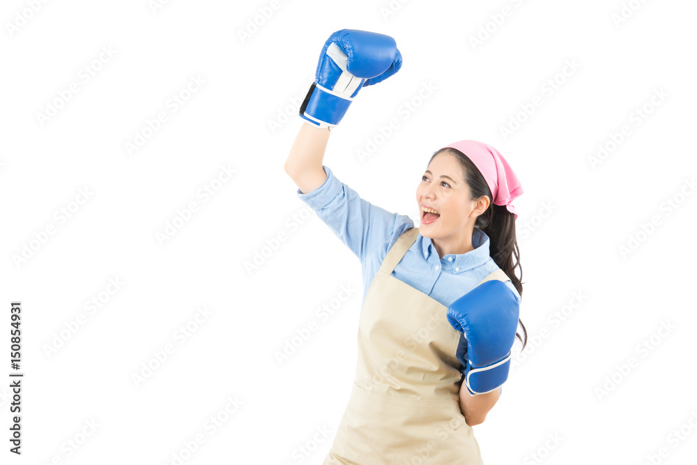 Winning house woman wearing boxing gloves Winning house woman wearing boxing gloves