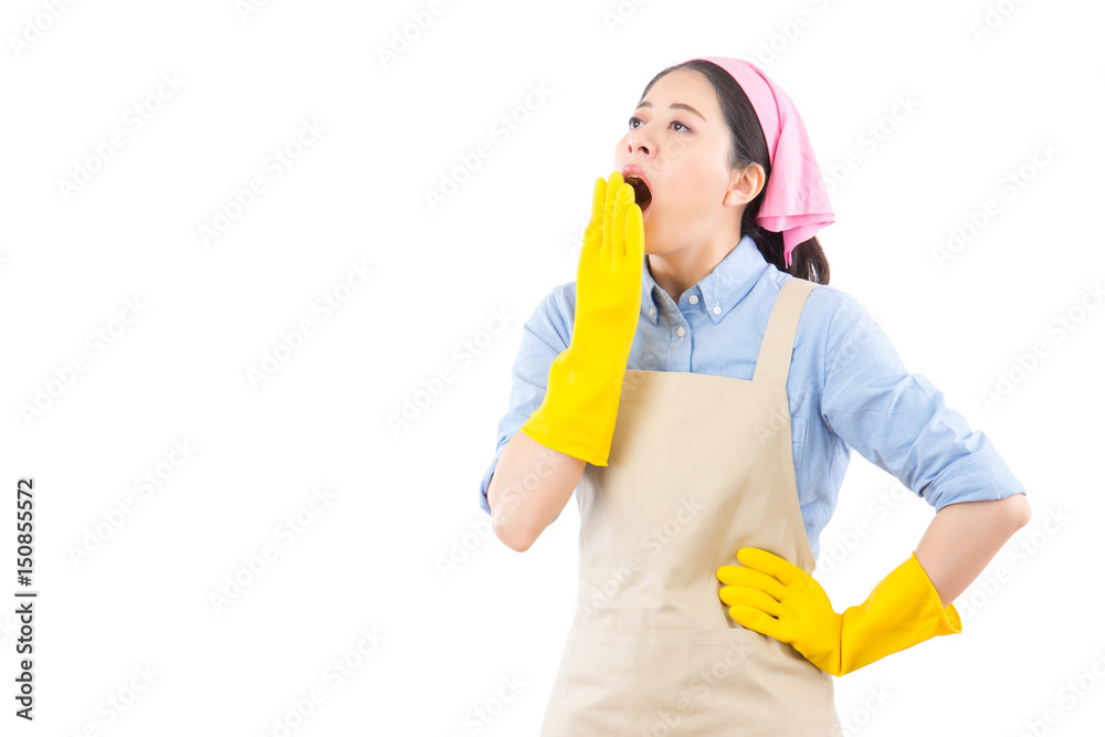 sleepy cleaning woman with open mouth sleepy cleaning woman with open mouth