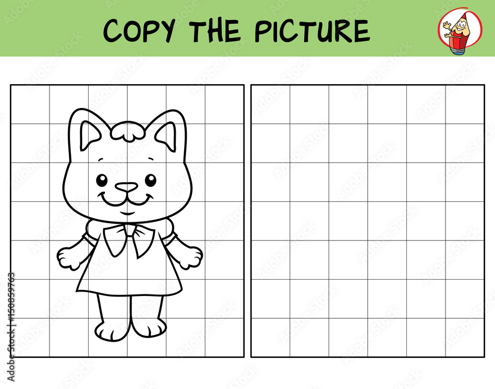 Funny little kitty in a dress. Copy the picture. Coloring book ...
