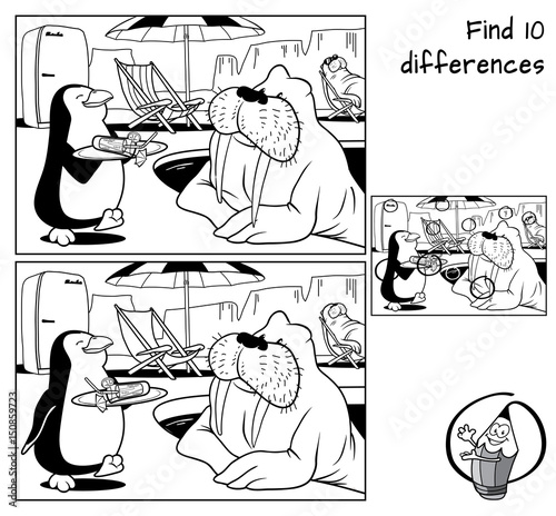Pool at the Pole. Penguin is carrying a cocktail for walrus. Find 10 differences. Educational game for children. Black and white cartoon vector illustration