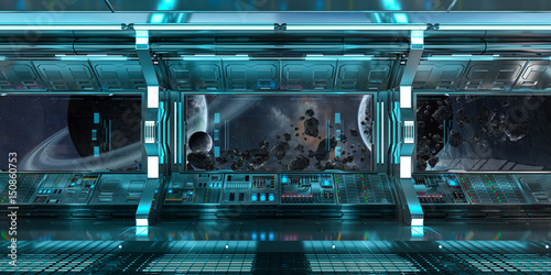 Fototapeta Naklejka Na Ścianę i Meble -  Spaceship interior with view on distant planets system 3D rendering elements of this image furnished by NASA