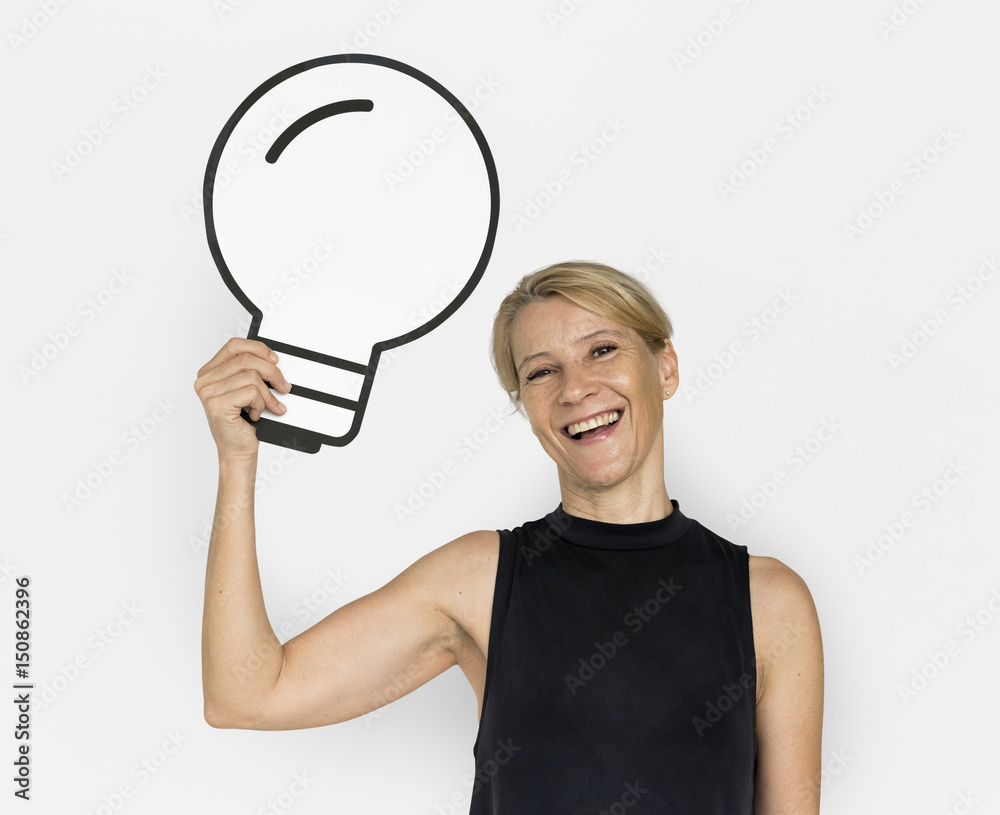 Woman Smiling Happiness Paper Craft Arts Light Bulb Ideas Studio Portrait Woman Smiling Happiness Paper Craft Arts Light Bulb Ideas Studio Portrait
