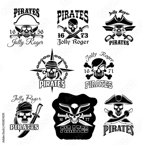 Pirate skull icon and Jolly Roger flag symbol