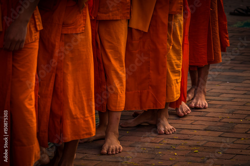 Bhuddist monks during alms processiong in Luang Pranbang, Laos