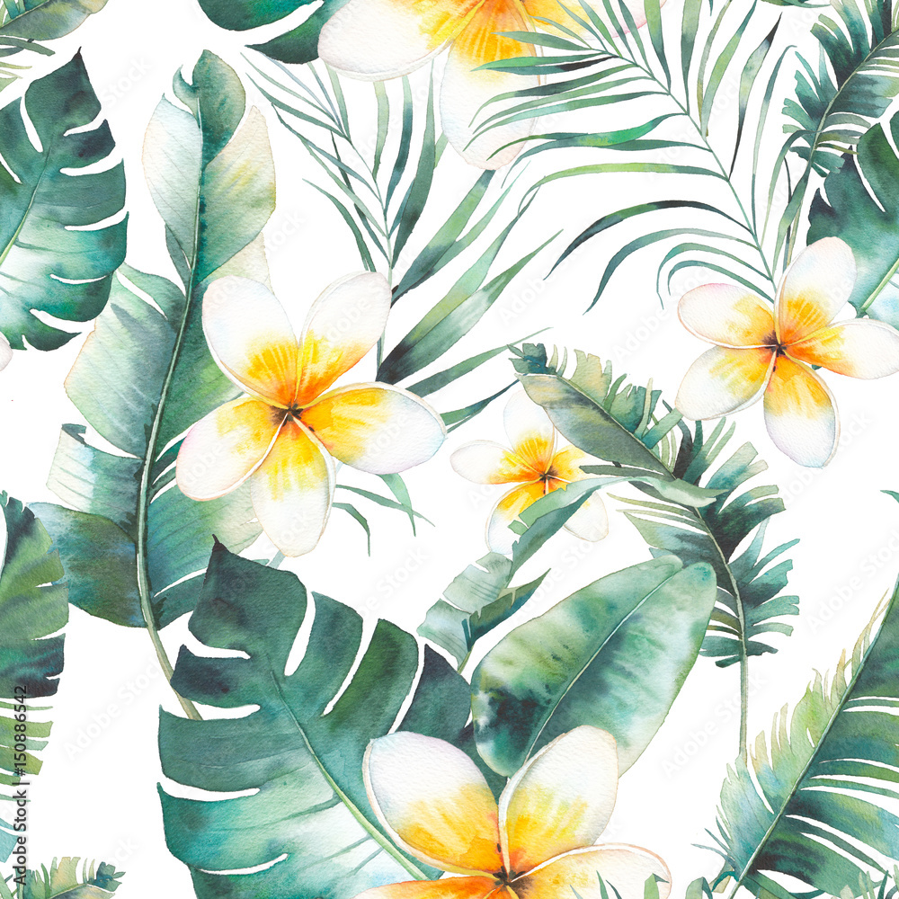 Fototapeta Summer plumeria flowers, palm tree and banana leaves seamless pattern. Watercolor floral texture with exotic flowers, green branches on white background. Hand drawn tropical wallpaper design