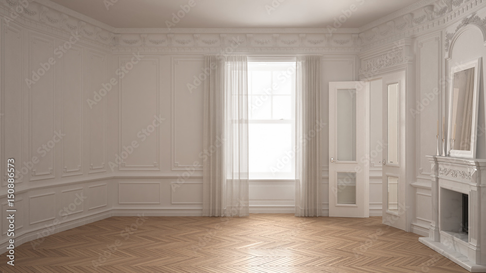 Classic empty room with big window, fireplace and herringbone wooden parquet floor, vintage white interior design Classic empty room with big window, fireplace and herringbone wooden parquet floor, vintage white interior design