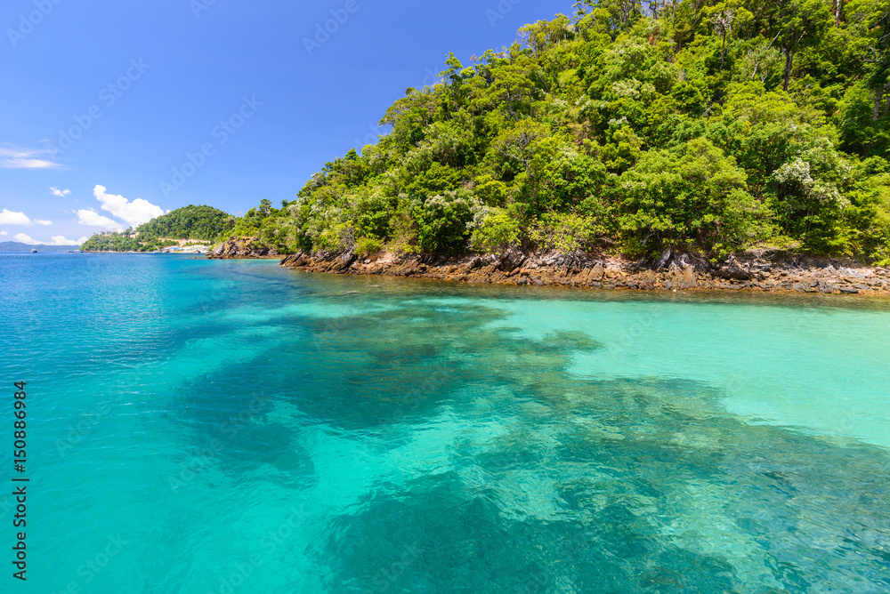 Landscape of snorkeling point,beautiful clear water with coral