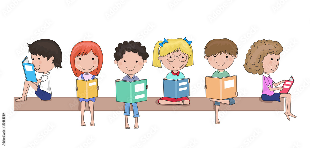 Happy school children reading books in their hands cartoon
