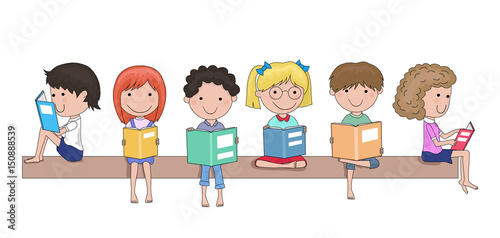 Happy school children reading books in their hands cartoon
