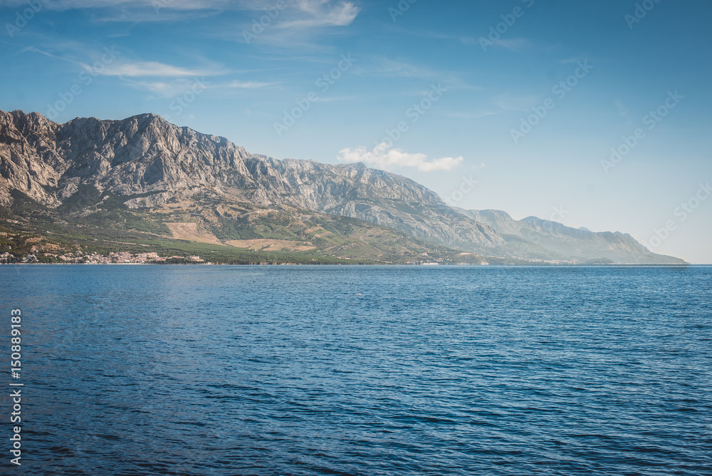 View of the rocky mountains from the sea