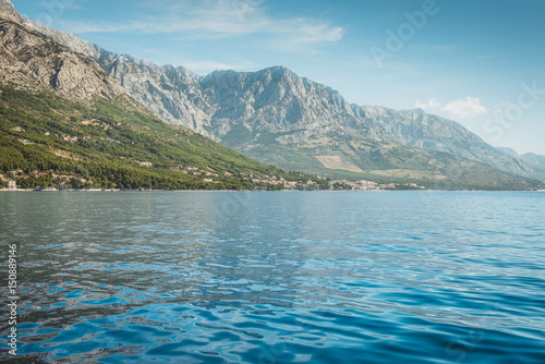 View of the rocky mountains from the sea